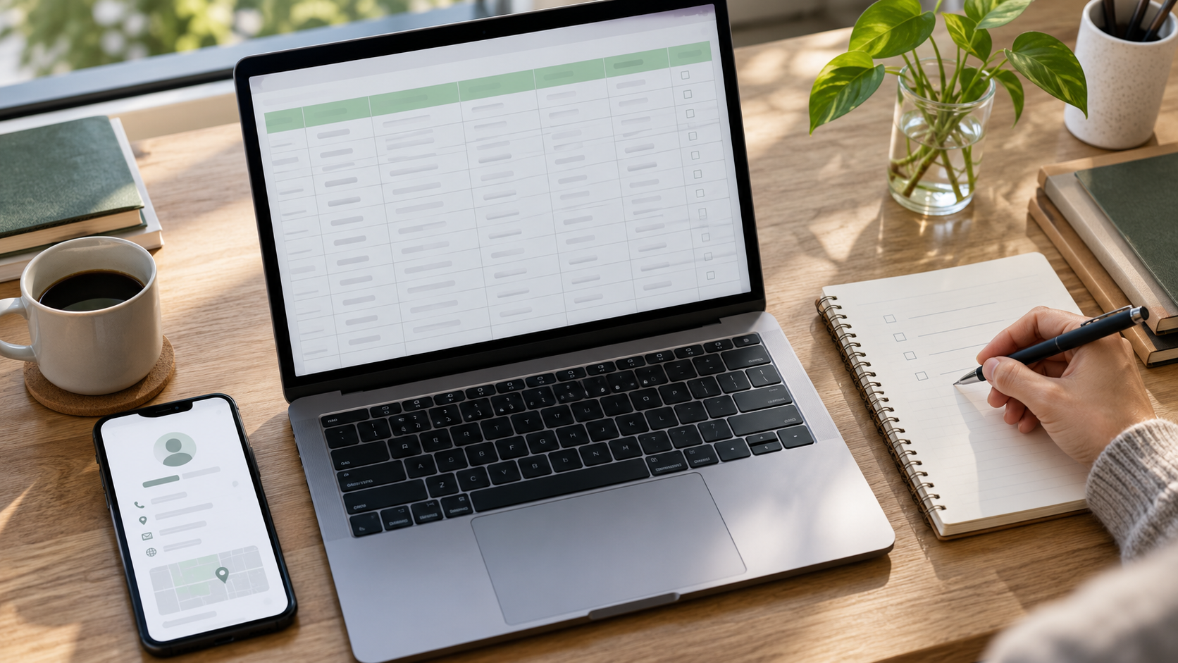 Comparing business details using a spreadsheet, a phone and a checklist notebook