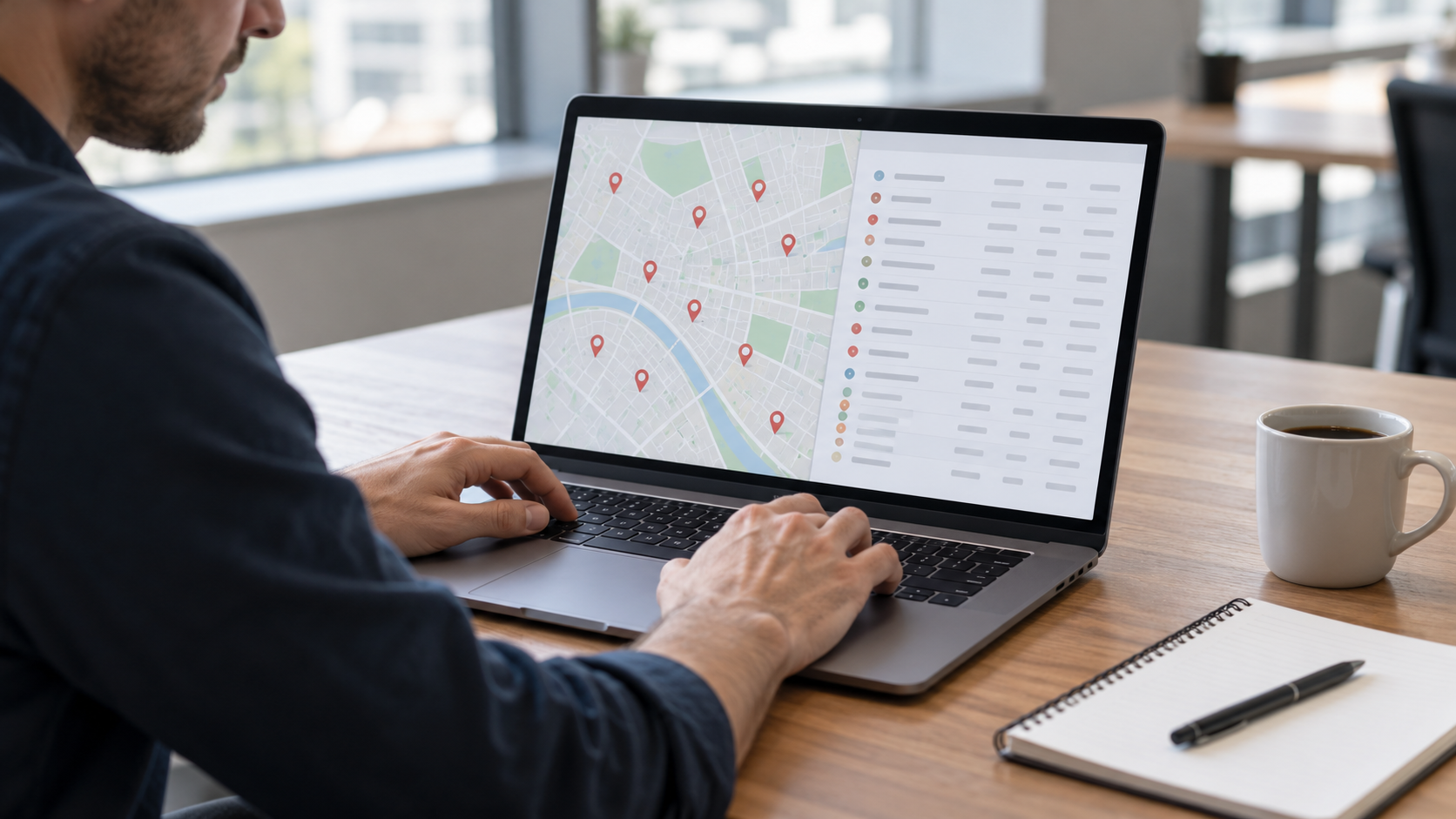 Person reviewing business records alongside map locations on a laptop