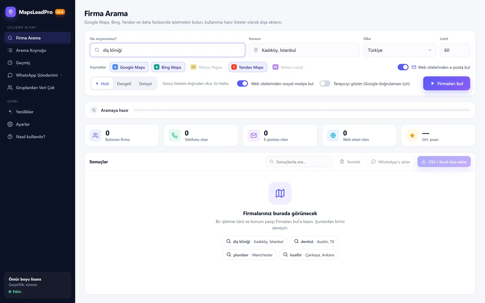 Maps Firma Toplayıcı (MapsLeadPro) firma arama ekranı: arama terimi, konum, ülke ve kaynak seçimi