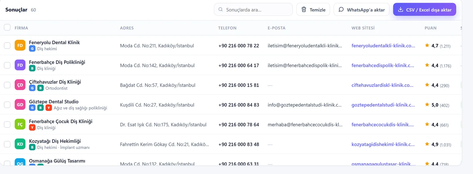 Maps Firma Toplayıcı sonuç tablosunda telefon, e-posta ve web sitesi sütunları